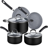 Ensemble de casseroles en aluminium antiadhésif Cook N Home 8 pièces avec couvercles en verre, compatible induction - Comprend une casserole et des poêles (noir/marbre)