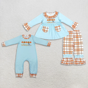 Ensemble haut à volants bleu citrouille et pantalon à volants à carreaux pour bébés filles, tenues à manches longues - Product Image 2