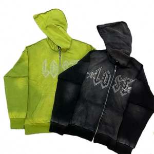 Custom Acid Wash Rhinestone <b>Zip</b> <b>up</b> <b>Hoodie</b> Mens French Terry Rhinestone <b>Hoodie</b> Manufacturer - Product Image 1