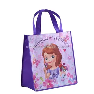 Karikatür prenses tam renkli ofset baskı dokumasız malzeme ön laminasyon hediyelik alışveriş çantası lamine nonwoven kolu çantası