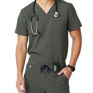 Haut de blouse médicale vert olive à col en V pour homme avec poche pour stéthoscope et taille à cordon, ensemble uniforme d'hôpital - Product Image 3