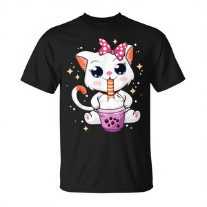 Camiseta Kawaii de Gato Anime Neko con Diseño Personalizable de Bebida Boba, Té de Burbujas y Tapioca para Niños - Product Image 2