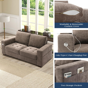 Divani Futon per Soggiorno, Set Divano a 3 Posti in Ciniglia con Ricarica USB, Rivestimento Rimovibile e Struttura in Legno Massello - Product Image 4