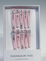 Lot de 10 faux ongles longs et résistants, pré-conçus, motif petit ours mignon et fleurs sculptées, faits à la main, avec colle, en ABS, pour l'exportation