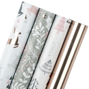 <b>Christmas</b> Gift Wrap Paper Roll Set Featuring Reindeer <b>Tree</b> Leaves Design Eco-Friendly Recyclable Metallized 100GSM Double-Sided - Product Image 1