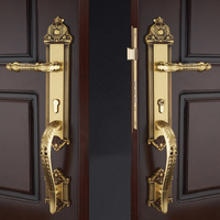 Porte d'entrée principale en bois de style européen pour villa de luxe, double porte avec serrure en laiton et fausse poignée