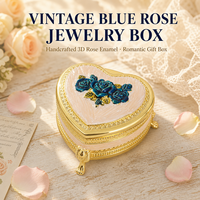 Boîte à bijoux en métal en forme de cœur, motif fleur bleue, artisanat doré, émail, cristal 3D, velours, pour cadeaux de mariage, cadeaux pour invités, cadeau pour petite amie