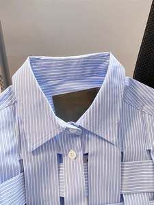 Оптовая продажа, женские повседневные синие полосатые рубашки с длинным рукавом, элегантные цветочные принты, дизайн поло с воротником - Product Image 4