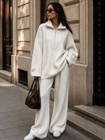 Ensemble tricoté pour femme à col montant semi-zippé, style décontracté ample, pull et pantalon large, tenue deux pièces