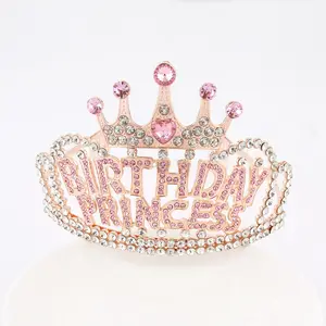 Commercio all'ingrosso a basso costo di vendita calda nuovo Design corona con pettine per capelli gioielli rosa diamante compleanno principessa Tiara per la ragazza