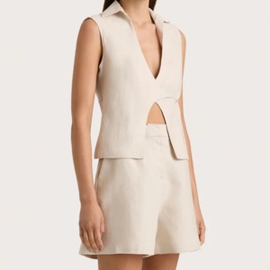 OEM 2025 <b>Women's</b> Casual <b>Linen</b> Set Hot Selling New Style Sexy Cotton Two Piece Above <b>Knee</b> <b>Shorts</b> Solid <b>Shorts</b> <b>Knee</b> <b>Length</b> - Product Image 2