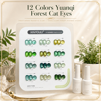 BelloGel Vibrant Forest – Kit de vernis gel œil de chat 12 couleurs 12 ml, effet magnétique scintillant UV LED, avec présentoir et flacon OEM