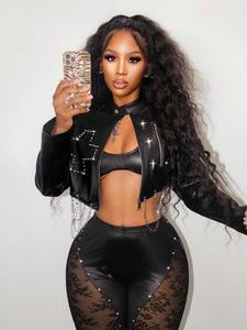 Nuova <span class=keywords><strong>Giacca</strong></span> Corta in Pelle Elasticizzata Casual Primaverile da <span class=keywords><strong>Donna</strong></span> Cardigan <span class=keywords><strong>Giacca</strong></span> da Motociclista - Product Image 2