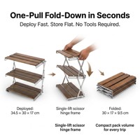 Étagère de camping pliable compacte à 3 niveaux, 50 cm de large, en bois massif et fer inoxydable, 50x17x9,5 cm, emballée, portable, pour le camping en plein air