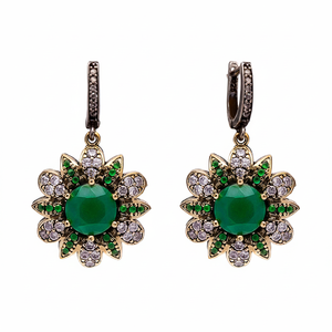 Fleur ronde émeraude CZ authentique pouf boucles d'oreilles turc fait à la main en gros 925 bijoux en argent Sterling - Product Image 2