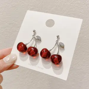 New Fashion Red Fruits Cherry Earrings Jewelry Silver Plated Cherry Drop Earrings For Women 2020