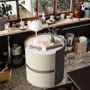 Modern Minimalist Round <strong>Bedside</strong> <strong>Table</strong> with <strong>Marble</strong> Top 2 Drawers PU Leather Storage Nightstand Hotel Workshop Furniture - Product Image 2