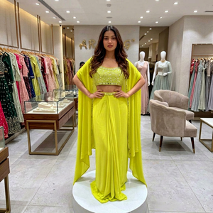 Ensemble ethnique pour femme Lehenga Choli jaune à sequins, tenue de mariage et de fête en lin infroissable, service OEM - Product Image 1