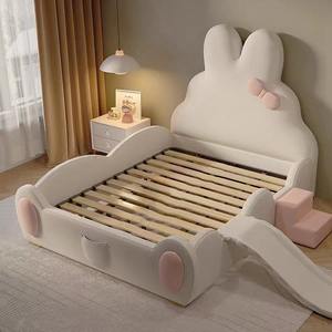 Letto Principessa dei Sogni Popolare, Mobili in Legno Massiccio a Forma di Coniglietto, Letti per Bambine con Ringhiera, Scivolo e Vano Portaoggetti - Product Image 4