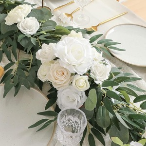 Agile Artificial Eucalyptus Garland White Roses Wedding <b>Wall</b> Hanging <b>Decoration</b> Green <b>Leaves</b> Silk Flower 6ft Long - Product Image 2