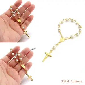 6 mm Or Croix Pendentif Perle Bracelet Chapelet Bracelets Cadeaux pour Bébé Baptême Douche Fête Invités Cadeau Souvenir