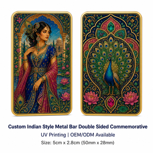 Brass Bar Indian Maharani <strong>Peacock</strong> Double Sided Metal Crafts Collectible Card Gold Frame Lotus Emerald Taj Royal Decor Gift - Product Image 1
