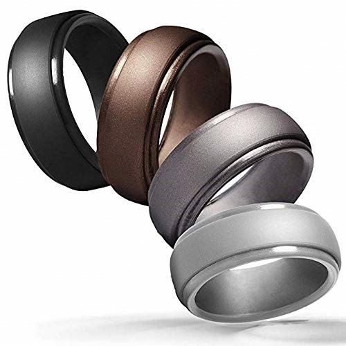 Bague de mariage en silicone pour homme, 4 packs et bagues de mariage en caoutchouc de silicone pour célibataires-Design élégant à bord de marche-Métallique, noir et camouflage