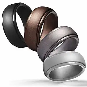 Silicone Wedding Ring for Men, 4 Packs & Singles Silicone Rubber Wedding Bands-Step Edge Sleek Design-Metallic, Black and Camo