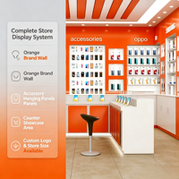 Complet ensemble de mobilier de magasin de téléphonie mobile : vitrine murale d'exposition d'accessoires et comptoir de démonstration de téléphones portables, combinaison blanc et orange