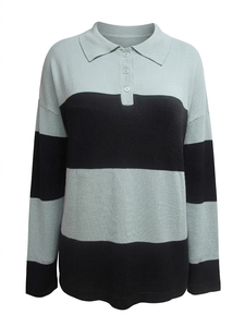 Suéter de Punto a Rayas Antiarrugas para Mujer, con Botones, Cuello Camisero, Mangas Largas, Diseño con Bloques de Color - Otoño - Product Image 2