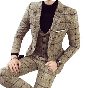 Autunno inverno britannico ultimo cappotto pantalone disegni blu Mens vestito spesso Slim Fit Plaid abito da sposa smoking 3 pezzi abiti tessuti