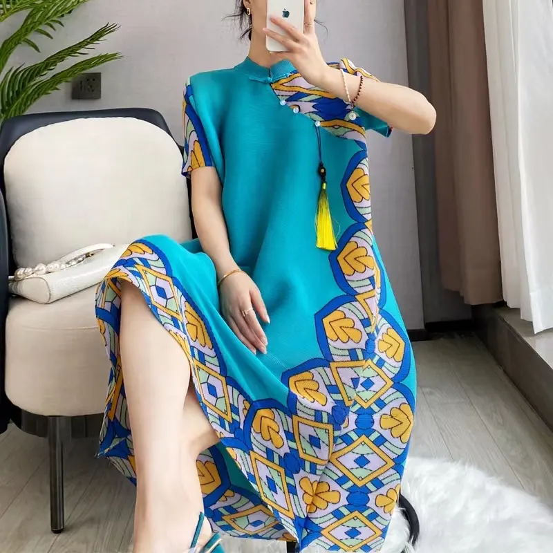 Elegant Latest Designs Summer Pleated Plus Size Chinese Cheongsam Female A Line Blue Casual Dresses Womens Engagement Dresses