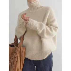 Sweater kasmir murni wanita, turtleneck berat 100 sweater wol malas di musim gugur dan musim dingin