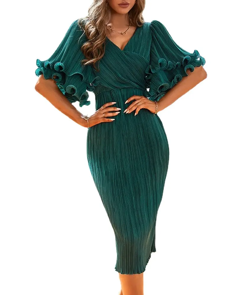 Boutique Wholesale 2023 Summer New Green Temperament Design Flare Sleeve Party Mid Length Women's Dress