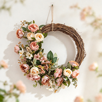 Couronne de fleurs artificielles en rotin de haute qualité, roses, hortensias, feuilles vertes, style romantique pour la Saint-Valentin, mariage, décoration d'entrée