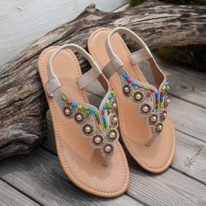 Sandales plates bohèmes pour femmes, ornées de perles artificielles, avec sangle élastique à la cheville, chaussures décontractées de plage - Product Image 4