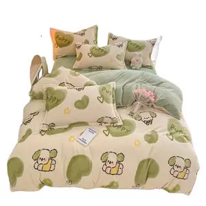 Low price wholesale short wool thickened bed cover milk velvet four sets 1.2m bed sheet three sets animal printing
