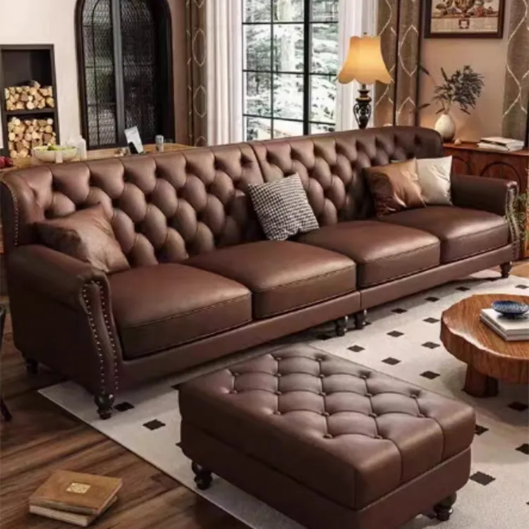 American retro solid wood leather sofa layer cowhide combination of simple American country style living room furniture three pe