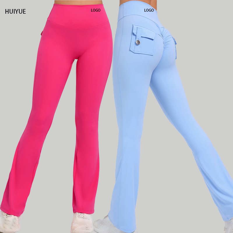 Women's High Waist Peach Butt Lift Button Yoga Elastic Flared-Leg Pants Pockets Spandex/Nylon Four-Way Stretch Breathable Quick