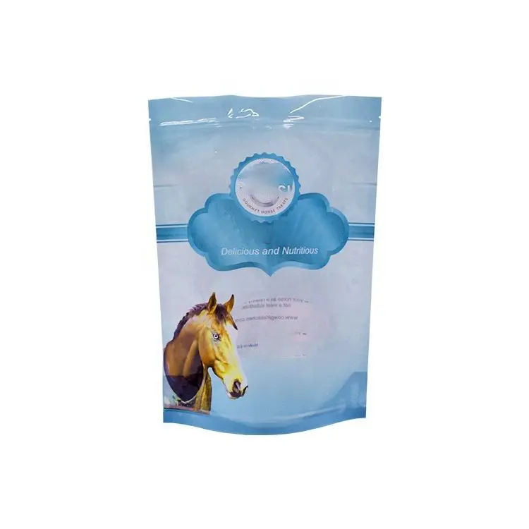 Custom biodegradabile in plastica tratta imballaggio alimentazione cavallo cibo per animali richiudibile cerniera cavallo di capra Stand Up Food Bag