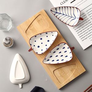 Hand-painted Underglaze Colored <b>Ceramic</b> Snack Dish Set Leaf-Shaped Dried Fruit Nut Dishes with Wooden Tray Sushi Fruit Dish - Product Image 3