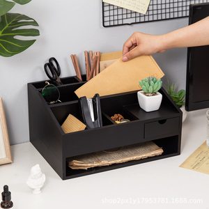 <b>Wooden</b> Office <b>Desk</b> Organizer With Drawer And Pen Holder For Desktop Storage And Organization - Product Image 4