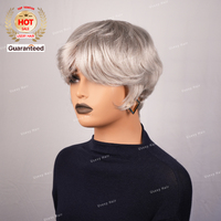 Perruque en Cheveux Naturels Coupe Pixie Gris Argenté Courts et Raides Type Carré pour Femmes, Cheveux Brésiliens Remy, sans Colle, Colorée, Fabriquée à la Machine, Perruque Abordable