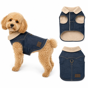 Chaleco vaquero sin mangas para perros con forro polar Sherpa y solapa, ropa para mascotas OEM, chaleco vaquero cálido con anilla en D trasera para perros pequeños y medianos - Product Image 1