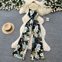 Ensemble élégant pour femme, imprimé floral, col en V, manches courtes, taille nouée, jambes larges, pour l'automne