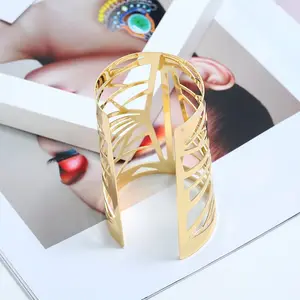 Women Fashion Exaggerated Metal Opening Geometric Bangle Gold Plated Hollow Wide Bracelet