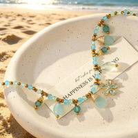 Collier en pierre naturelle et cuivre style bambou, design resort, polyvalent, délicat, ultra-féerique, avec pendentif goutte d'eau perlé – Collection été