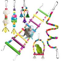 Ensemble de jouets à mâcher et à grimper en bois suspendus, écologiques, non toxiques et colorés, avec balles en rotin et loofah pour perroquets et petits oiseaux en cage