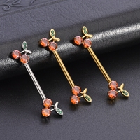 Anneau de piercing en acier inoxydable ASTM F136 plaqué or PVD, sans filetage, à enfiler, en forme de cerise, avec zircon, pour piercing corporel