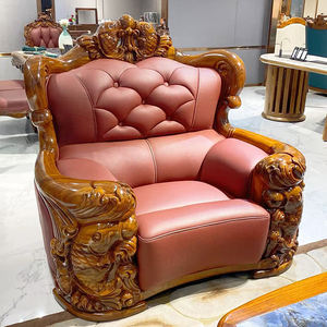 लक्जरी ठोस लकड़ी के सोफे सेट यूरोपीयन नक्काशीदार ईबोनी चीनी शैली का बड़ा सोफा प्रीमियम चमड़े के आधुनिक लिविंग रूम फर्नीचर के साथ - Product Image 3